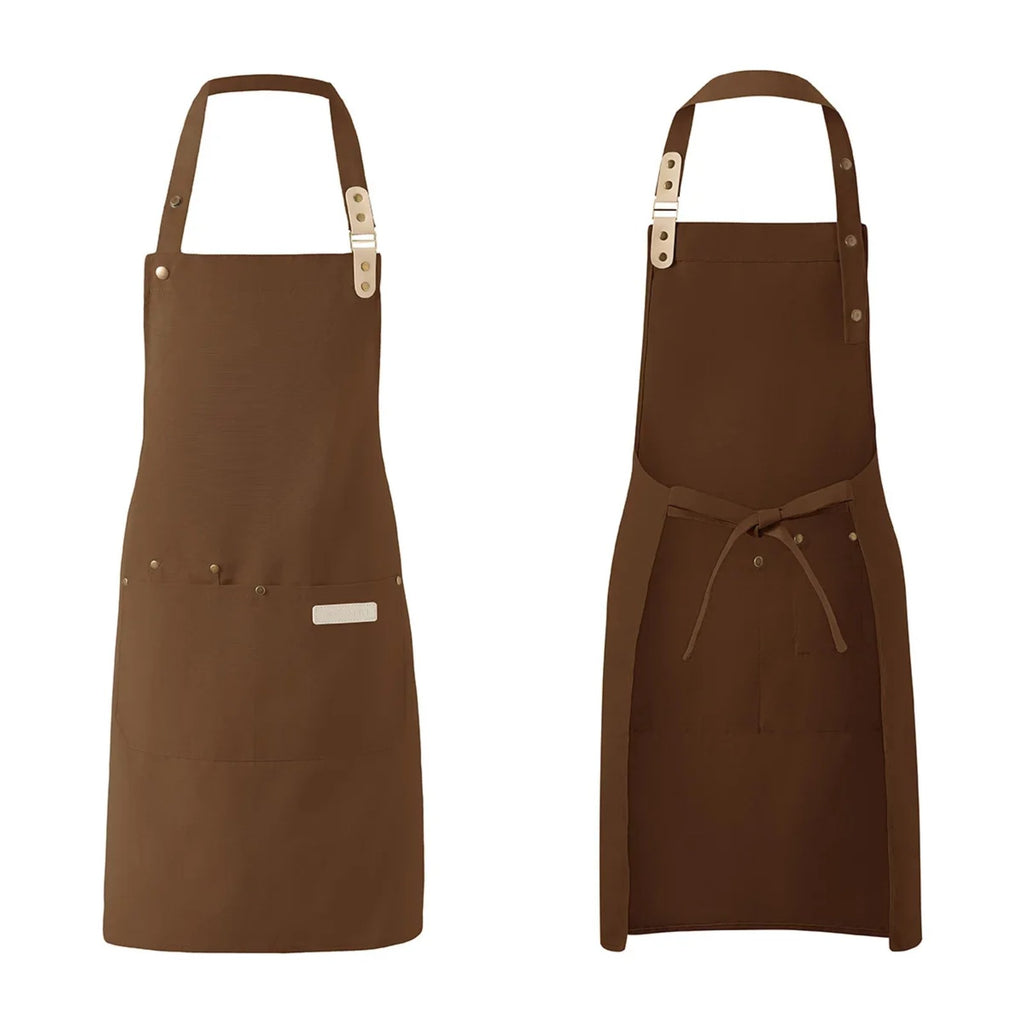 Tablier pâtisserie à bavette réglable en trois crans, marron clair, de face et de dos