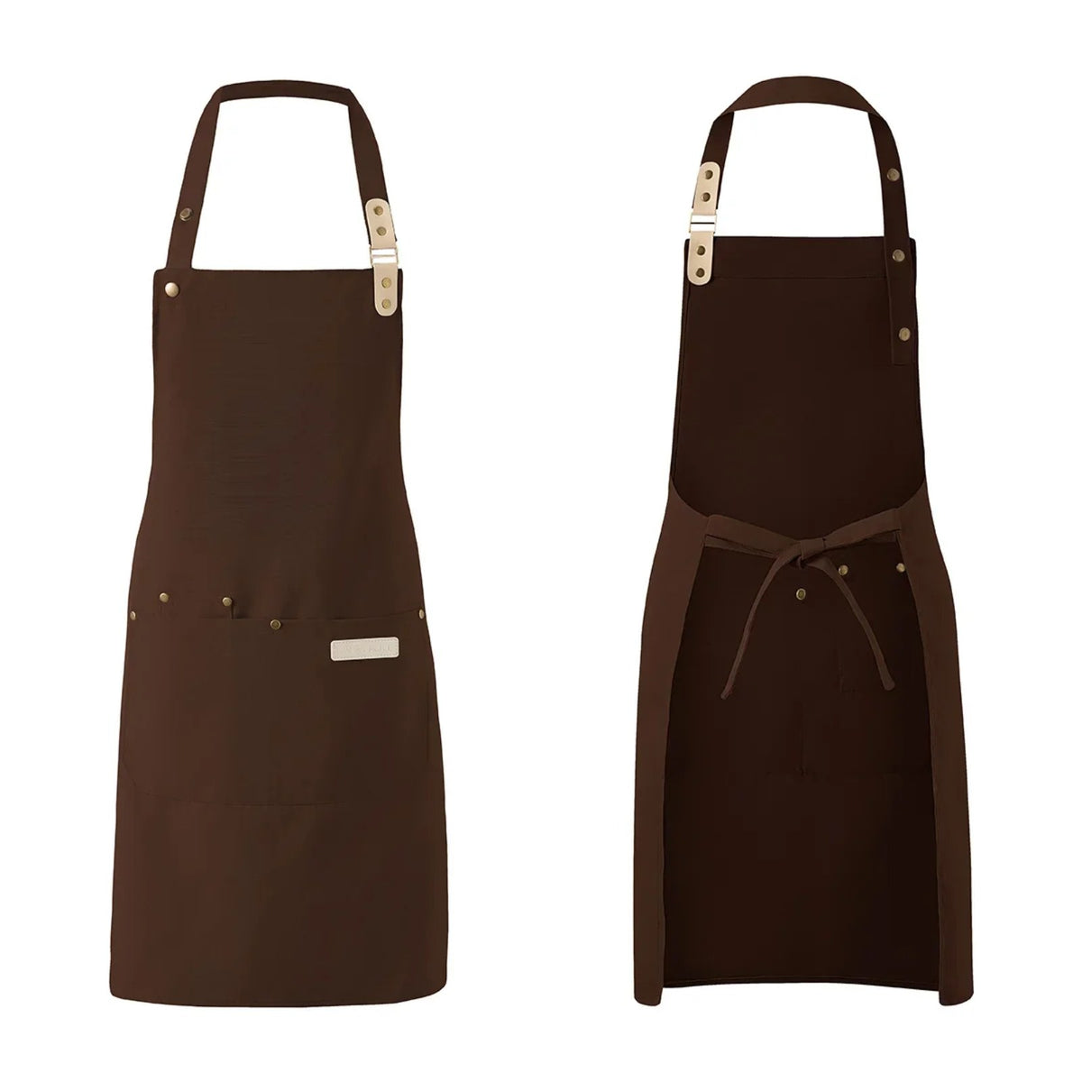 Tablier pâtisserie à bavette réglable en trois crans, marron foncé, de face et de dos