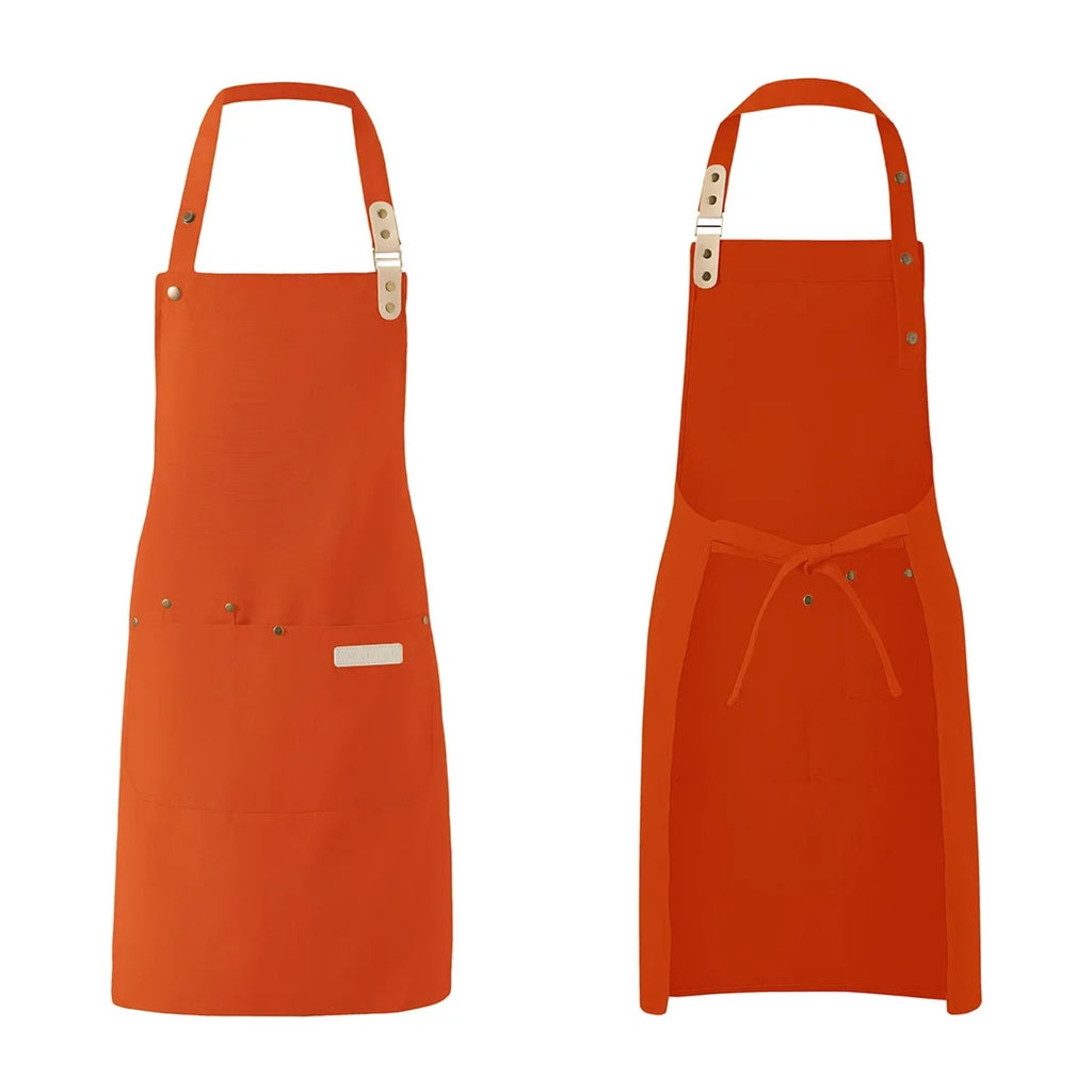 Tablier pâtisserie à bavette réglable en trois crans, orange, de face et de dos