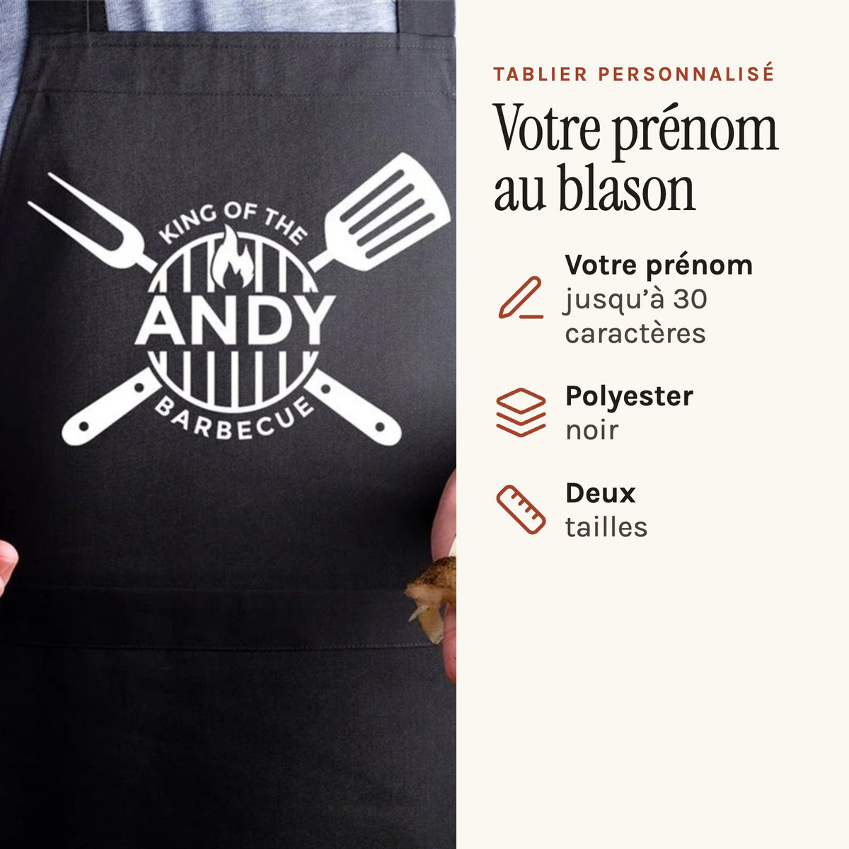 Tablier personnalisé barbecue, blason « King of the Barbecue », porté