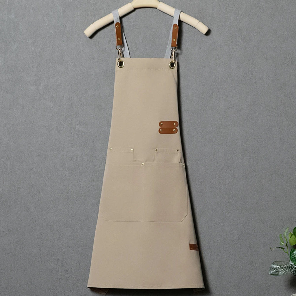Tablier personnalisé brodé, votre logo au centre de la bavette, beige, sur cintre