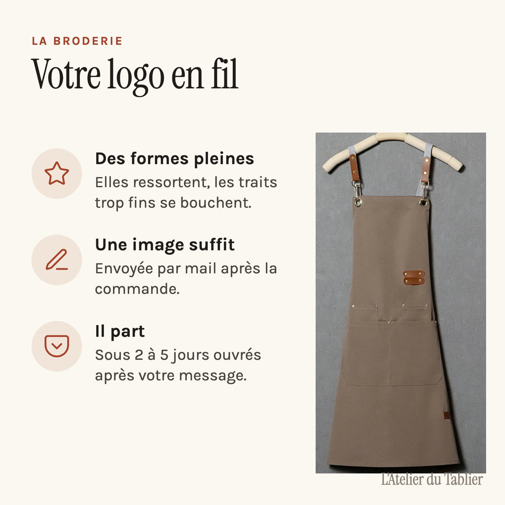 Tablier personnalisé brodé, votre logo au centre de la bavette, préparer le logo pour la broderie