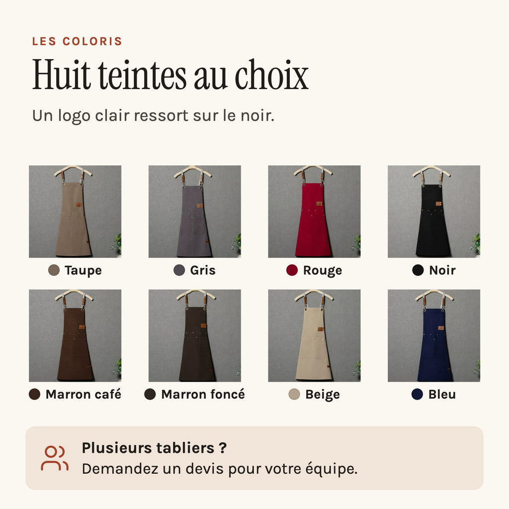 Tablier personnalisé brodé, votre logo au centre de la bavette, les huit teintes