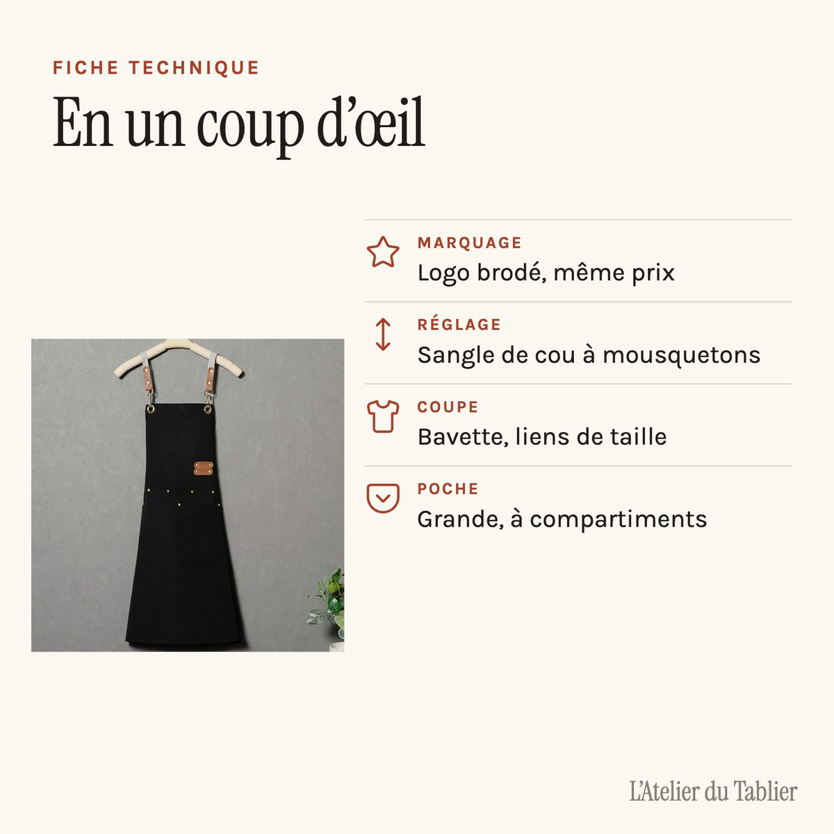 Tablier personnalisé brodé, votre logo au centre de la bavette, fiche technique