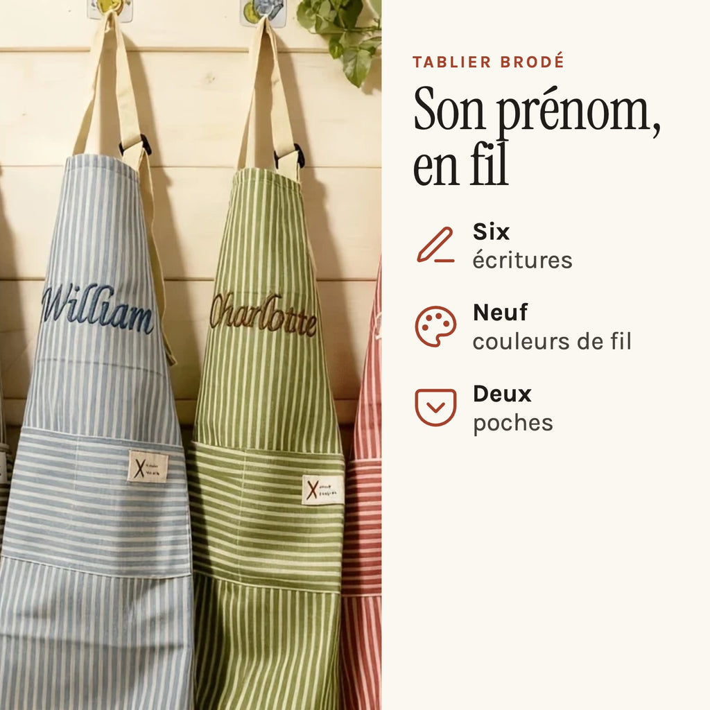 Tablier personnalisé femme à rayures, prénom brodé, quatre tabliers, prénoms brodés