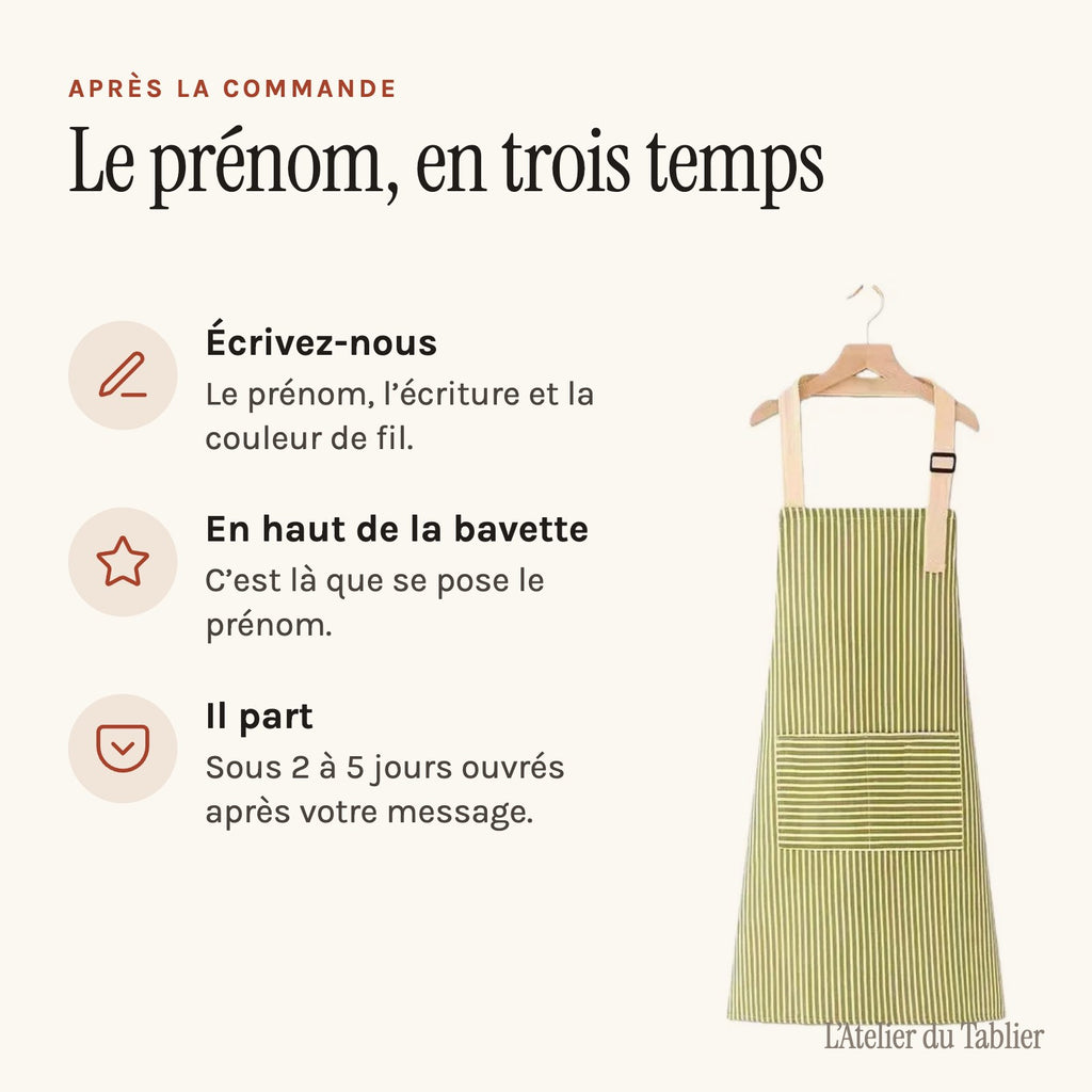Tablier personnalisé femme à rayures, prénom brodé, commander la broderie du prénom