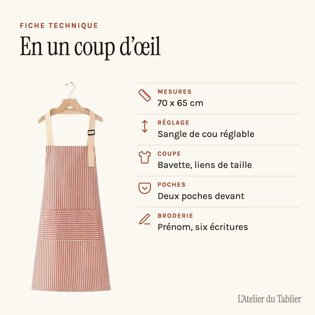 Tablier personnalisé femme à rayures, prénom brodé, fiche technique