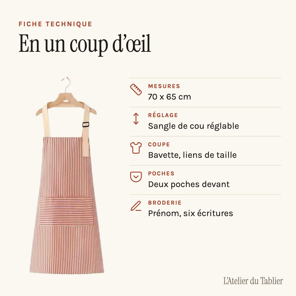Tablier personnalisé femme à rayures, prénom brodé, fiche technique