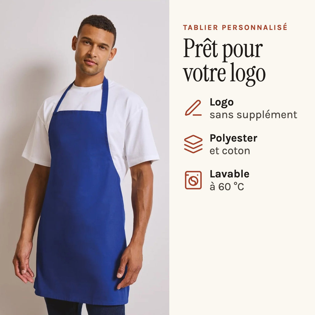 Personalisierte Schürze günstig, Royalblau, getragen, bereit für Ihr Logo