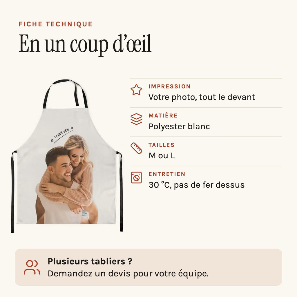 Tablier personnalisé photo, votre image sur tout le devant, fiche technique