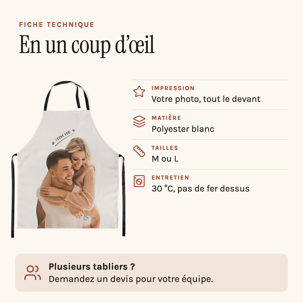 Tablier personnalisé photo, votre image sur tout le devant, fiche technique