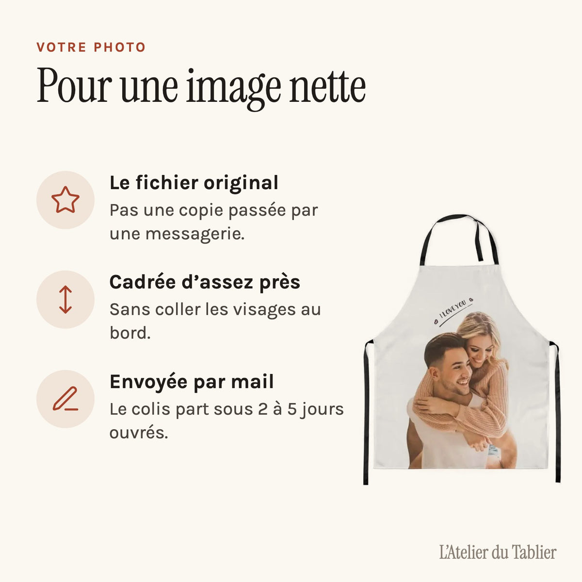 Tablier personnalisé photo, votre image sur tout le devant, préparer la photo pour l’impression