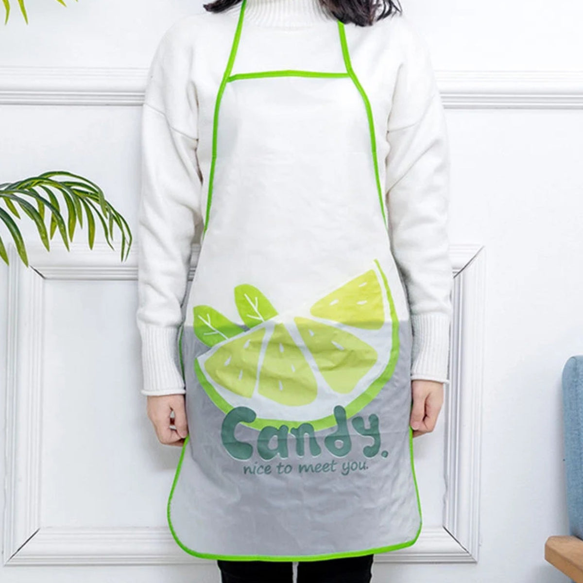 Kochschürze aus Plastik, transparent, Stil Candy, getragen
