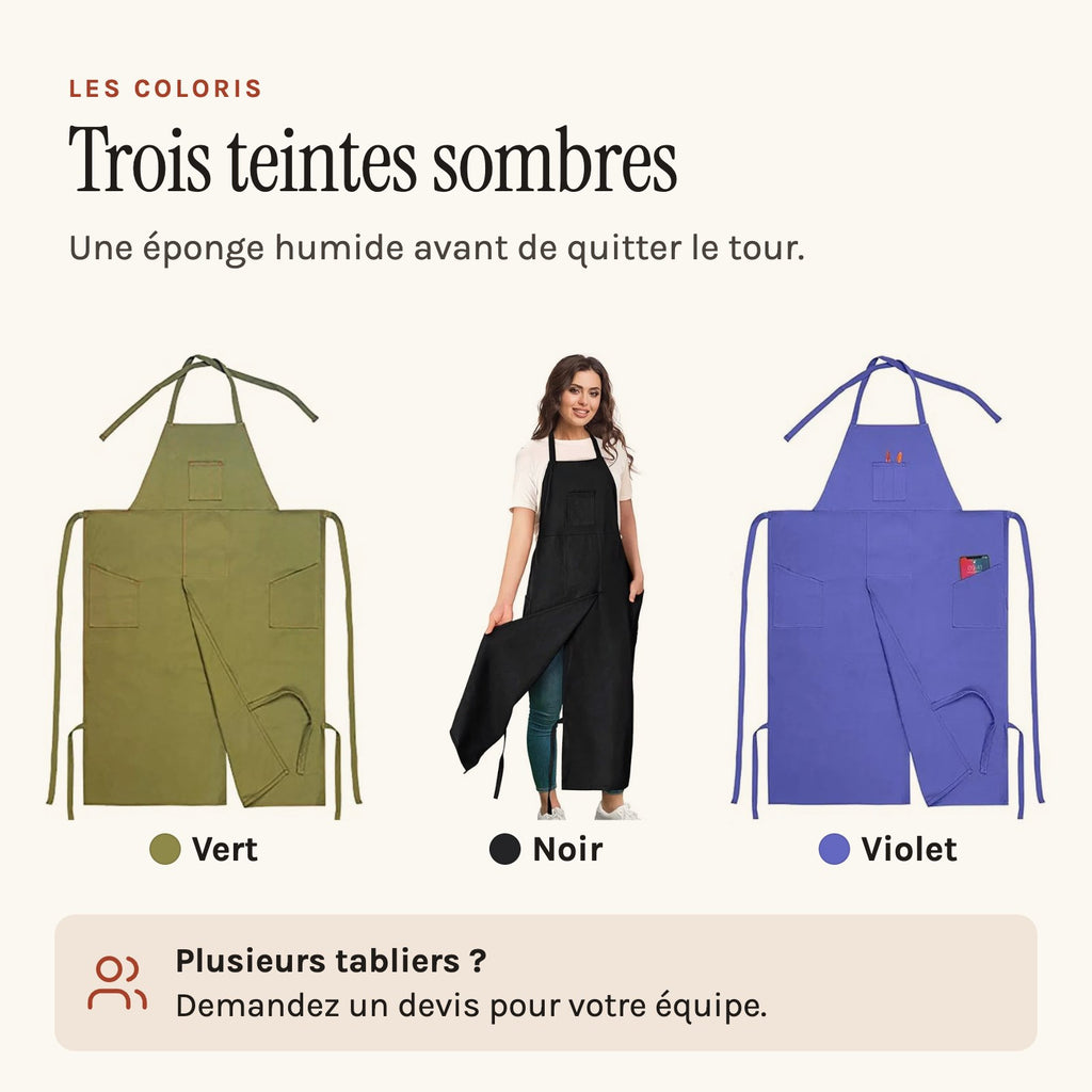 Tablier poterie long, fendu sur toute la jupe, les trois teintes