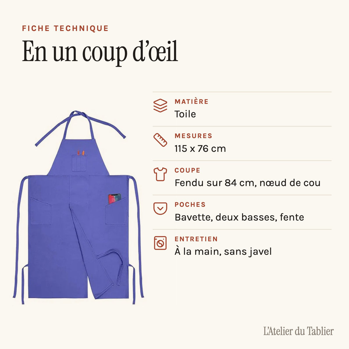 Tablier poterie long, fendu sur toute la jupe, fiche technique