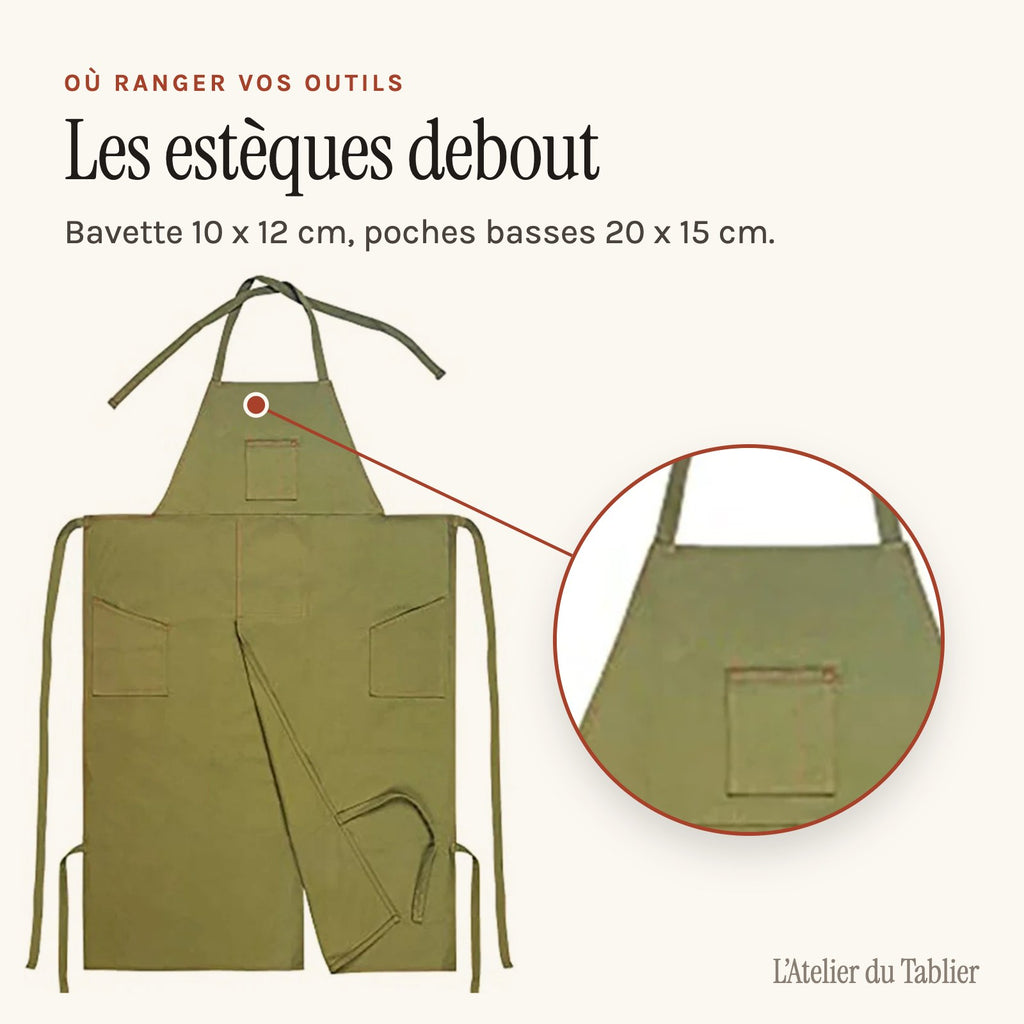 Tablier poterie long, fendu sur toute la jupe, vert, poche de bavette
