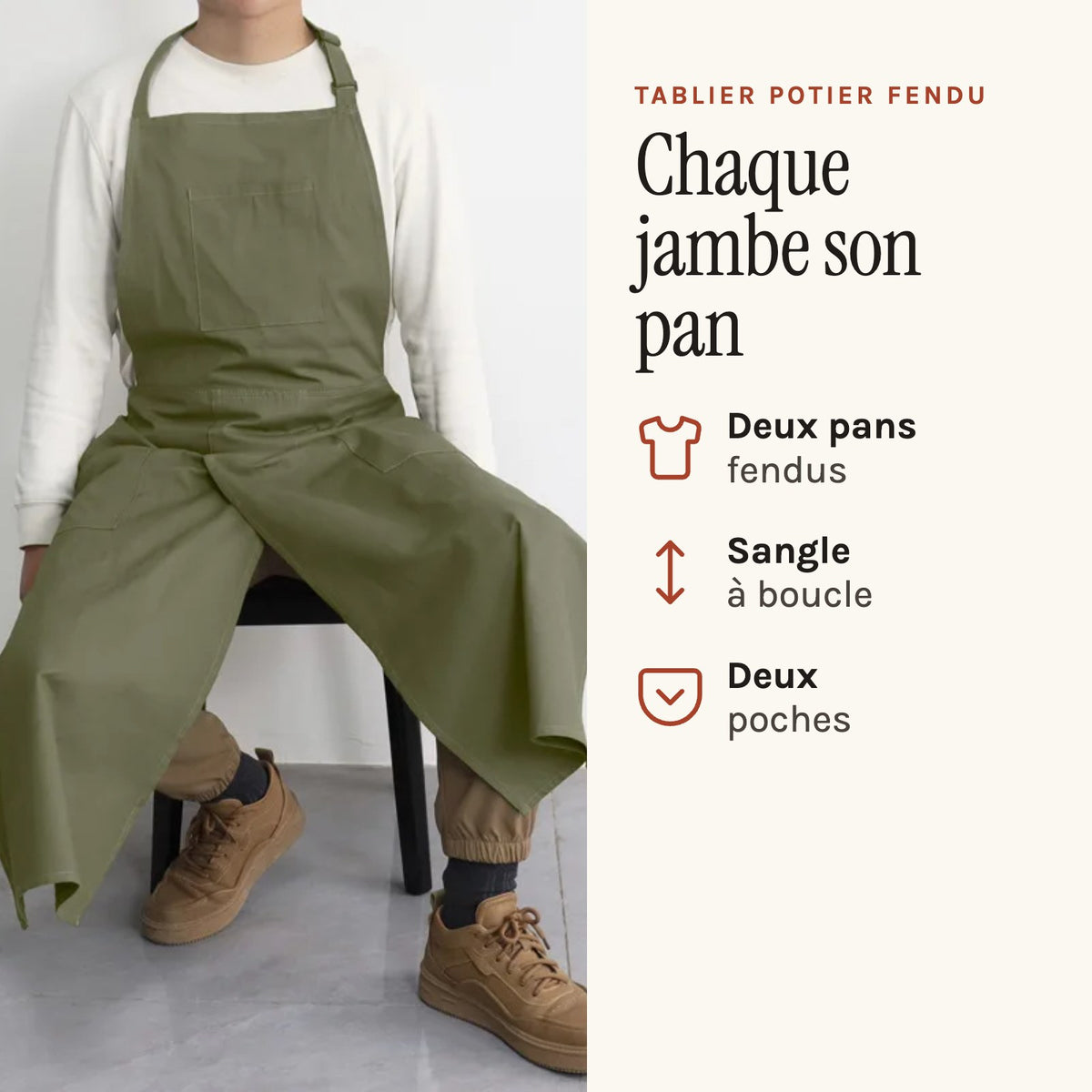 Tablier potier fendu en toile, à deux pans, kaki, porté assis, les deux pans sur les jambes
