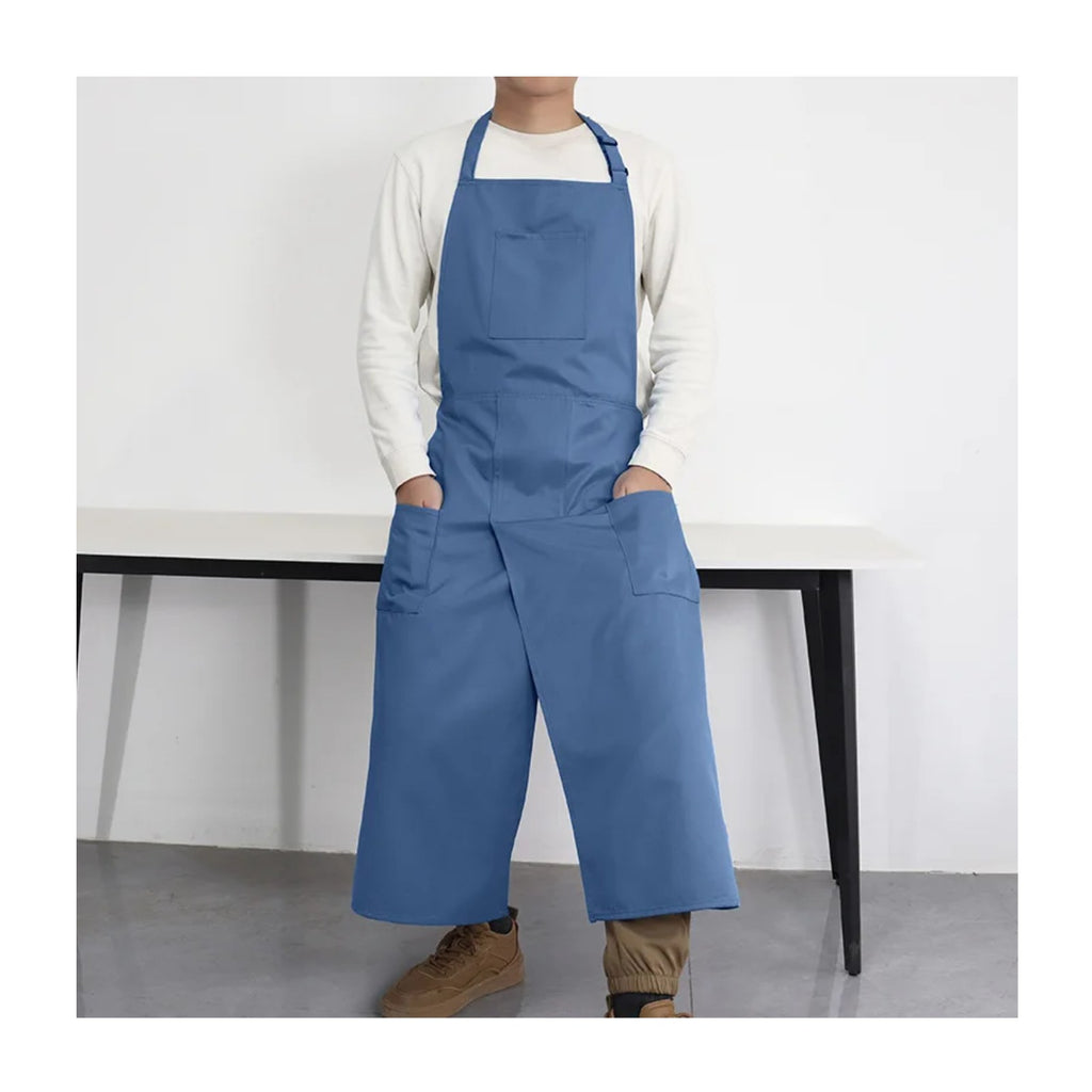 Tablier potier fendu en toile, à deux pans, bleu, porté