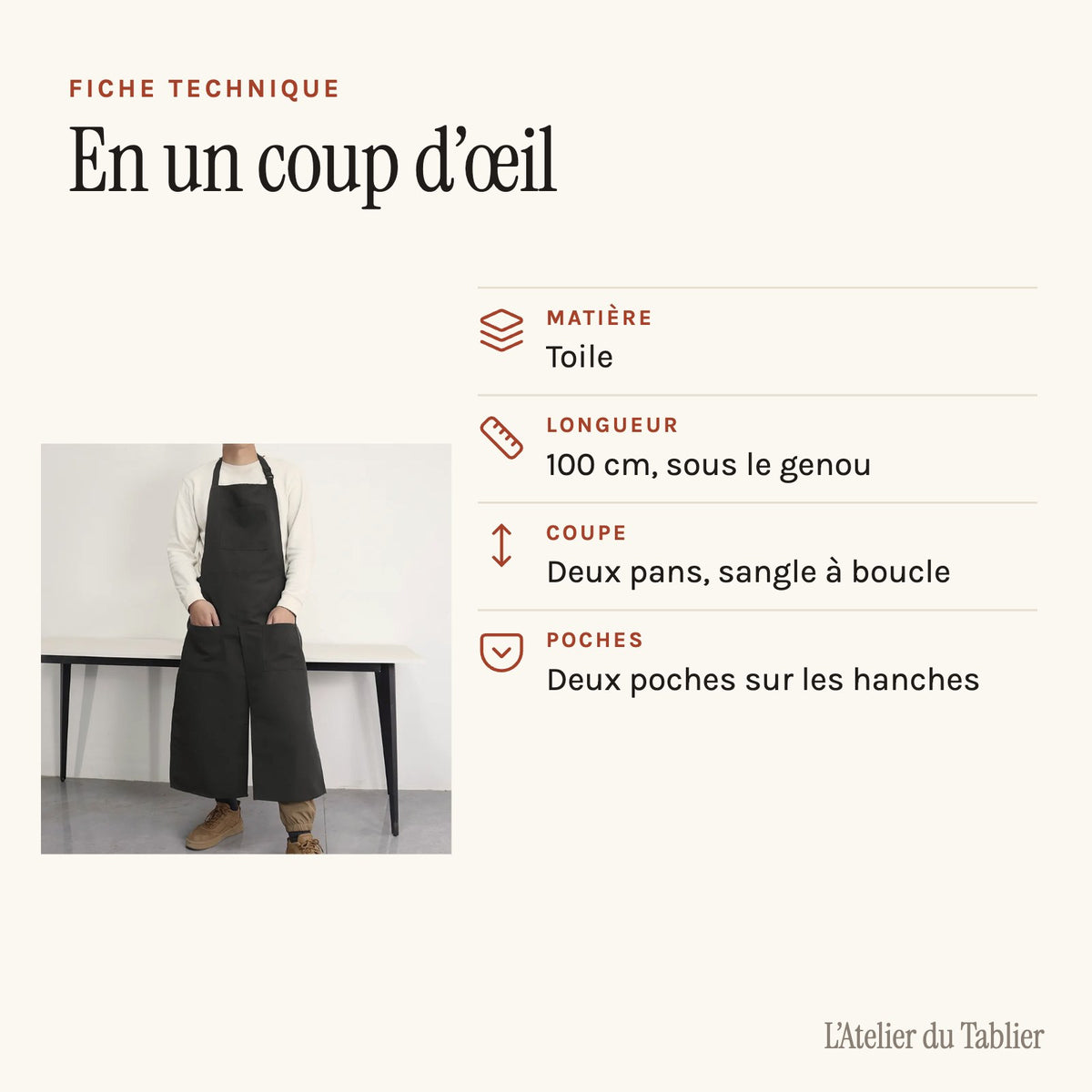 Tablier potier fendu en toile, à deux pans, fiche technique