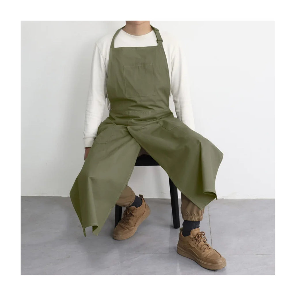 Tablier potier fendu en toile, à deux pans, kaki, porté