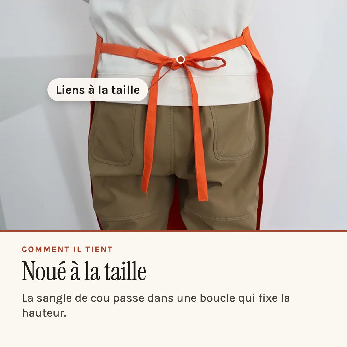 Tablier potier fendu en toile, à deux pans, orange, liens noués à la taille