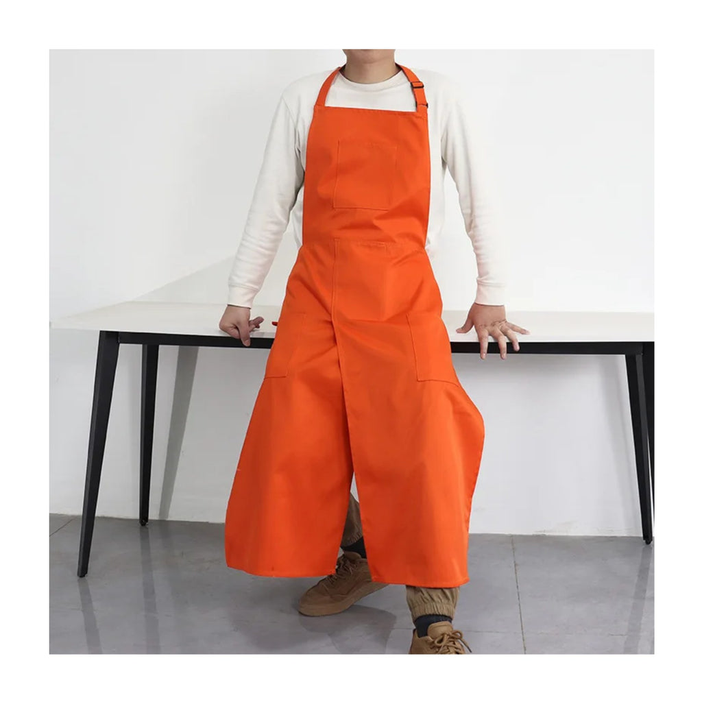 Tablier potier fendu en toile, à deux pans, orange, porté