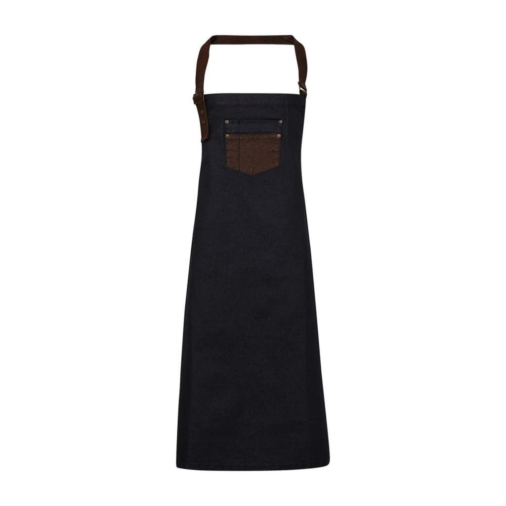 Vielseitige Arbeitsschürze, Indigo, braune Tasche, Vorderansicht
