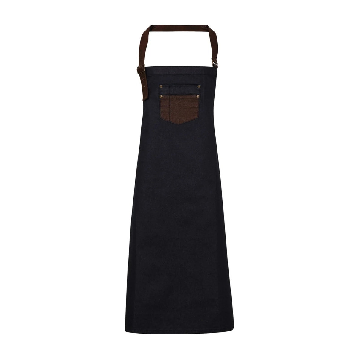 Vielseitige Arbeitsschürze, Indigo, braune Tasche, Vorderansicht