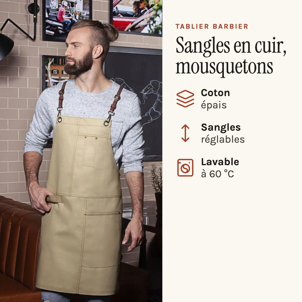 Friseurschürze Barbershop, Beige, getragen, Lederriemen mit Karabinern