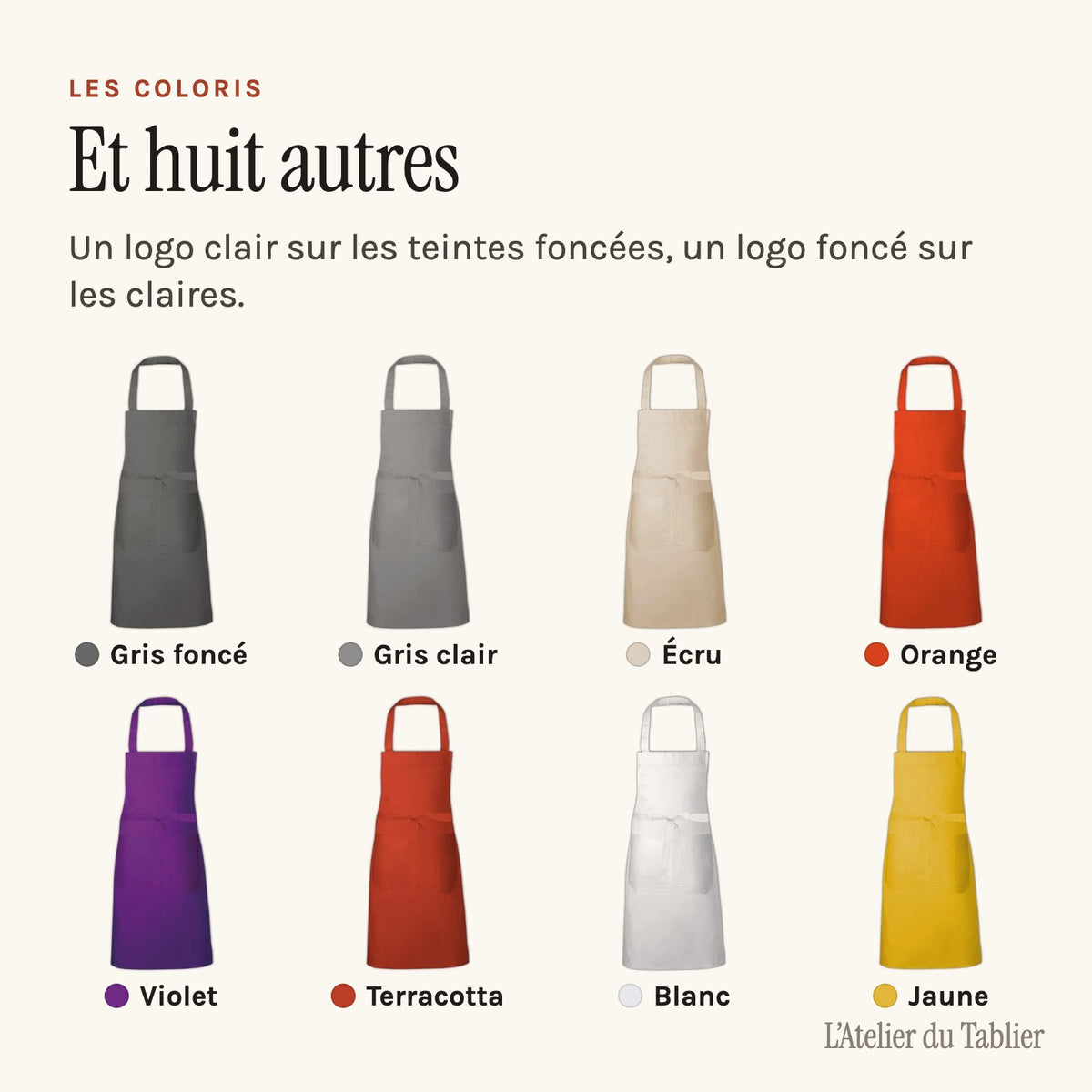 Tablier professionnel personnalisé à votre logo, huit autres coloris