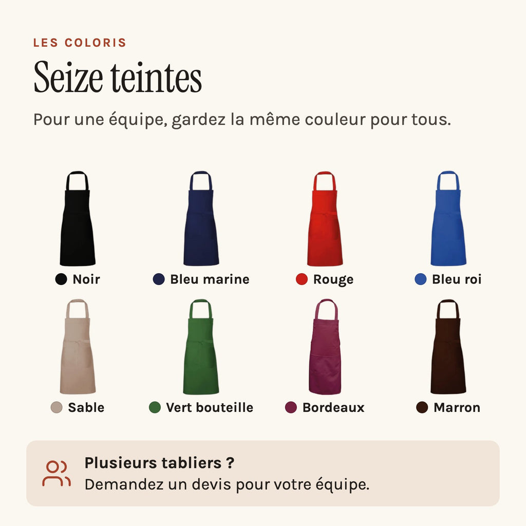 Tablier professionnel personnalisé à votre logo, huit premiers coloris