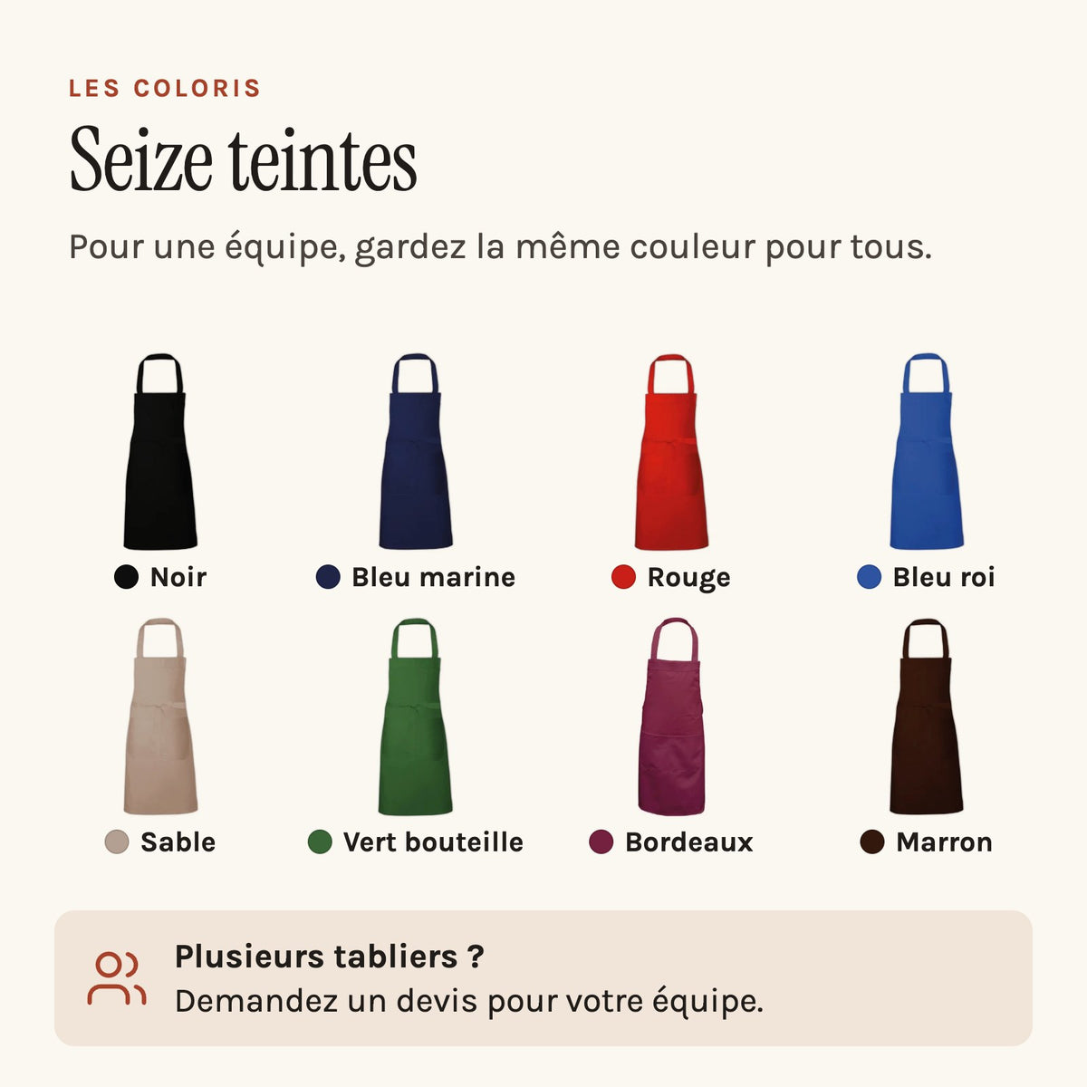 Tablier professionnel personnalisé à votre logo, huit premiers coloris