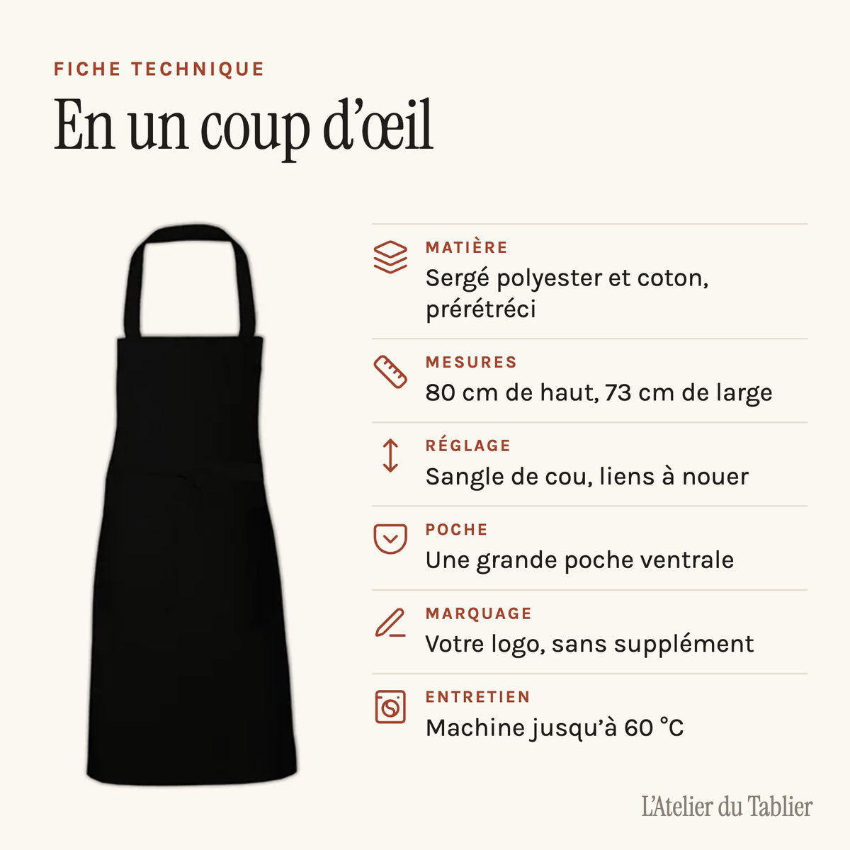 Tablier professionnel personnalisé à votre logo, fiche technique