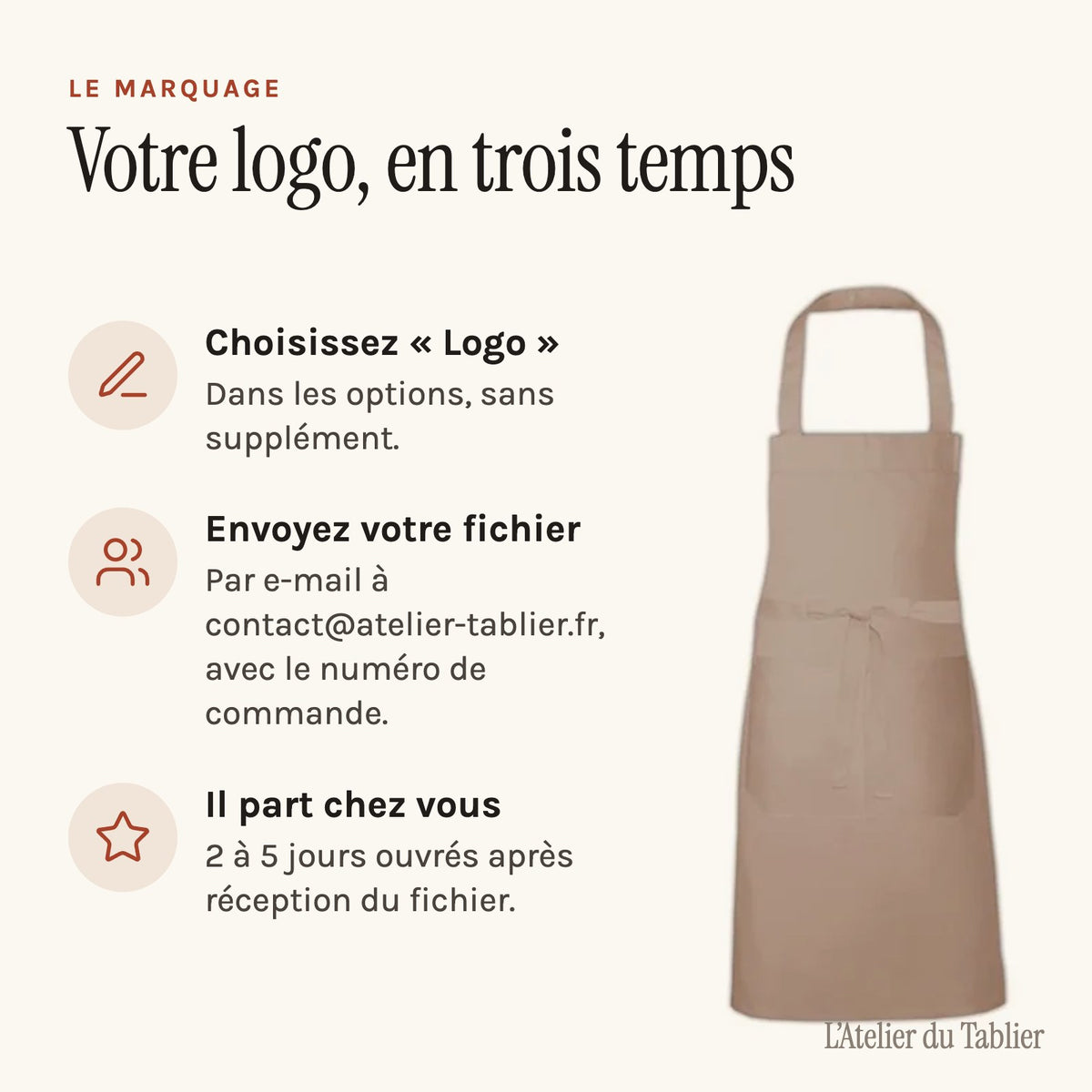 Tablier professionnel personnalisé à votre logo, sable, marquage à votre logo