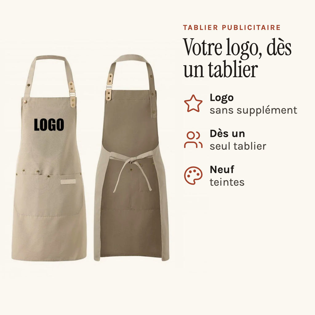 Tablier publicitaire à bavette, neuf teintes au choix, logo marqué au milieu de la bavette