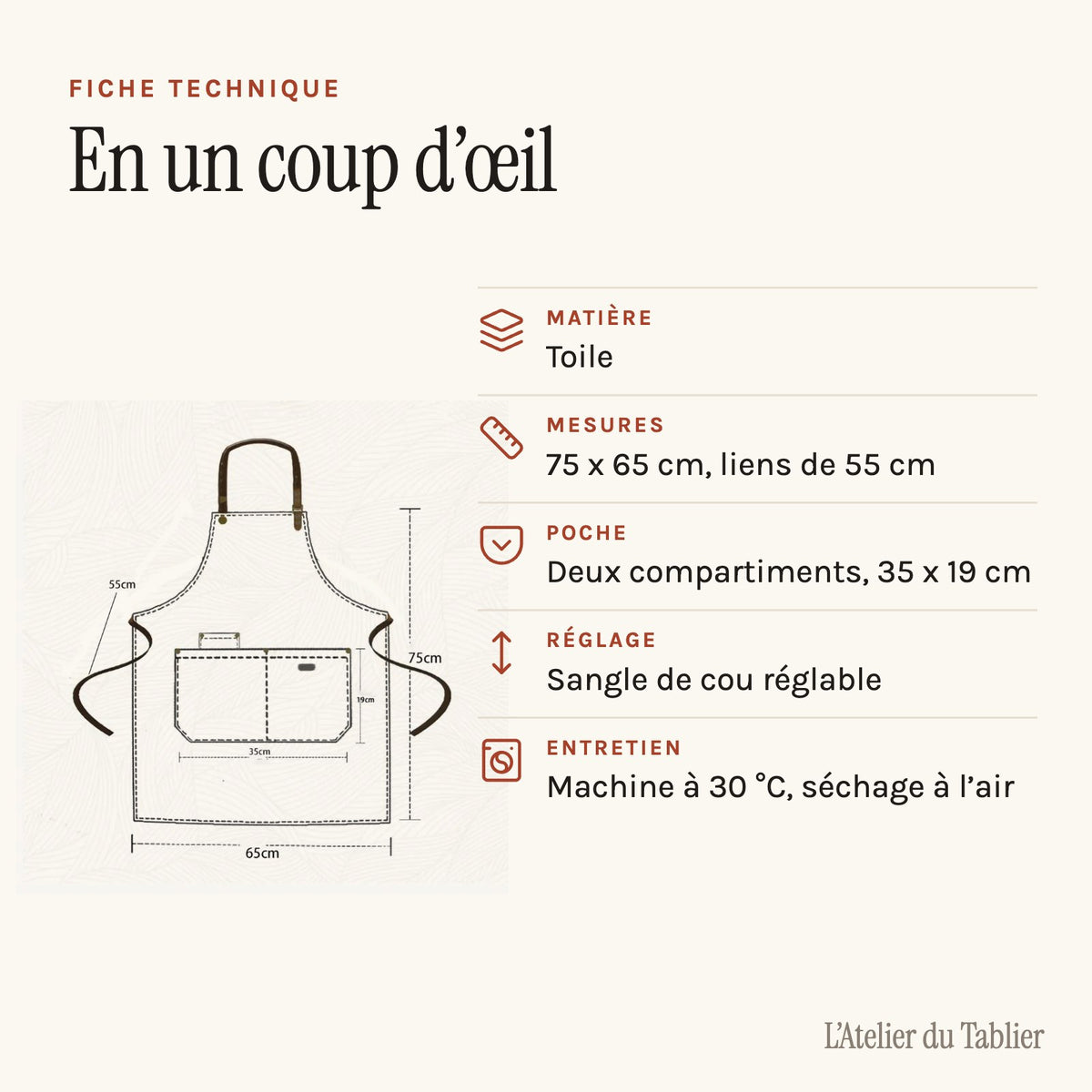 Tablier publicitaire à bavette, neuf teintes au choix, fiche technique
