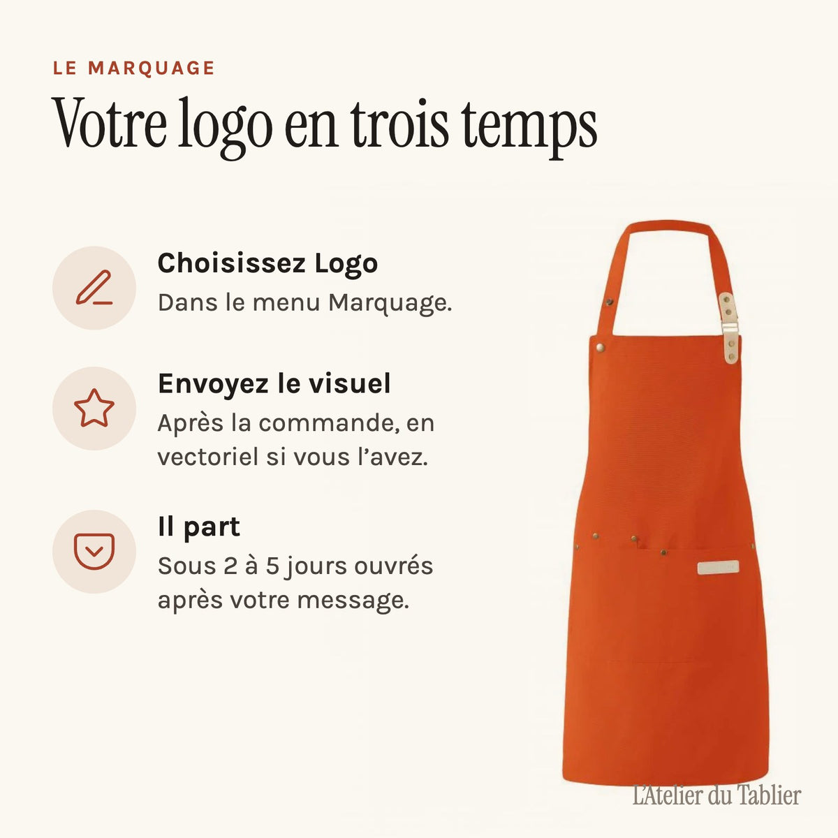 Tablier publicitaire à bavette, neuf teintes au choix, commander le marquage du logo