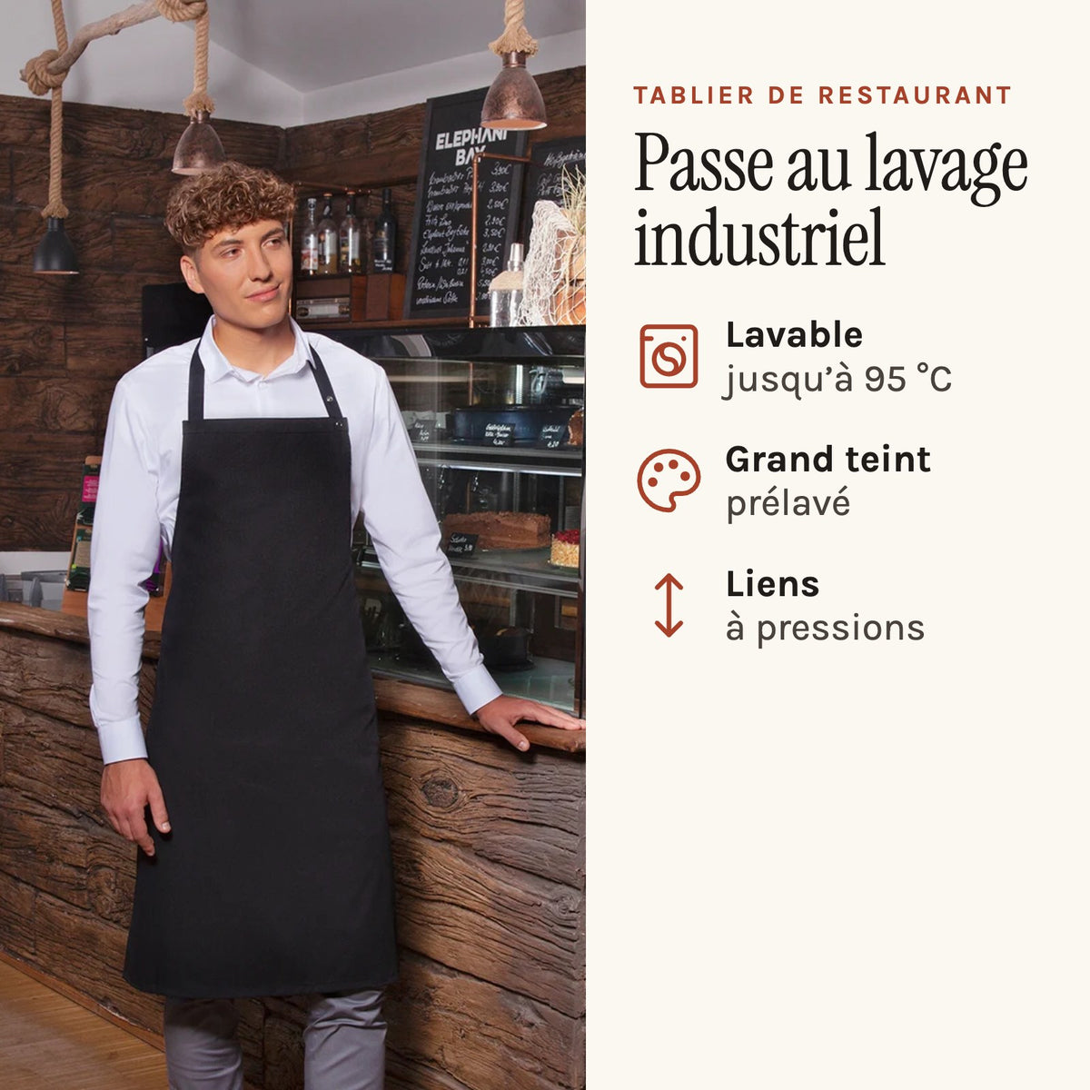 Tablier de restaurant à bavette, en sergé prélavé, noir, porté en salle