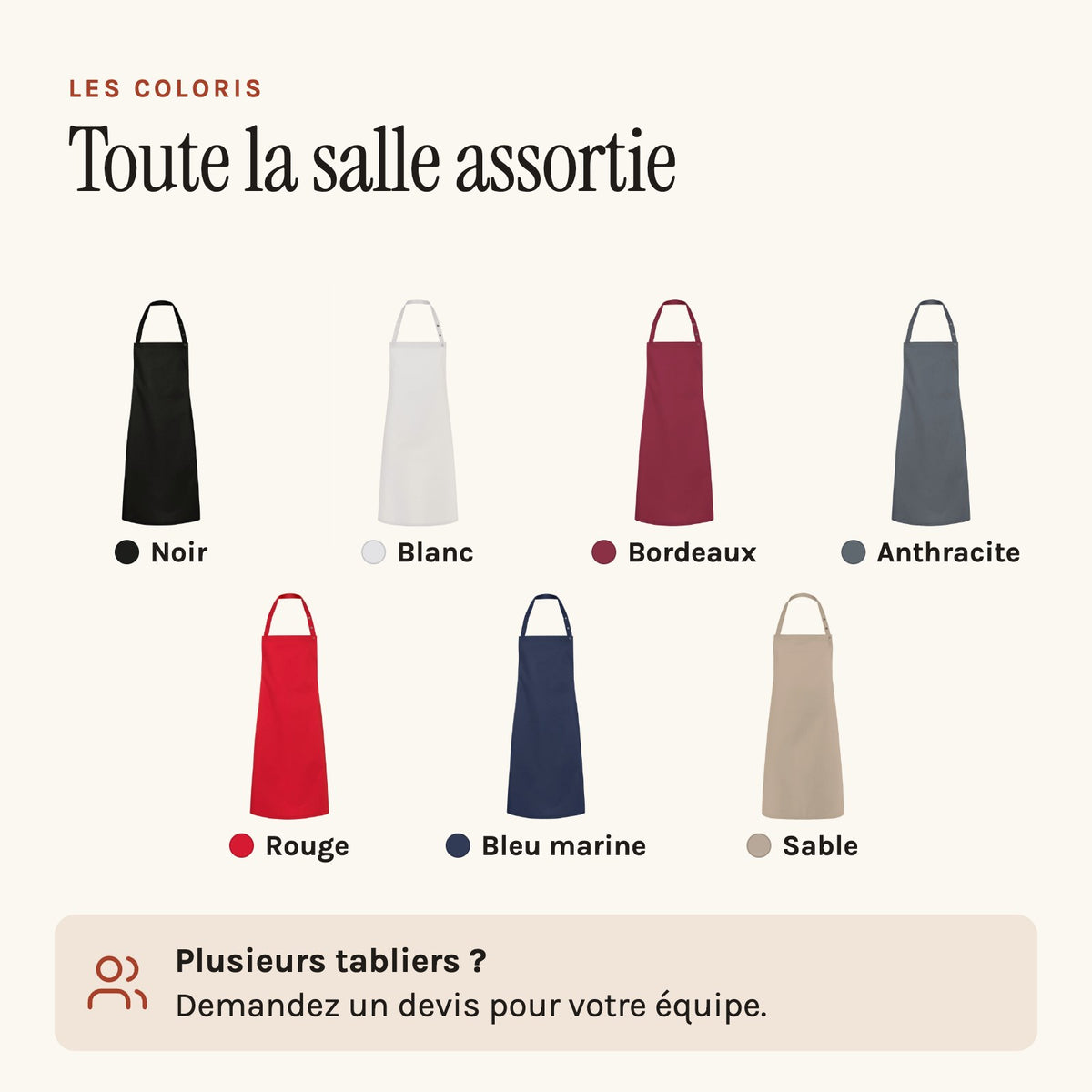 Tablier de restaurant à bavette, en sergé prélavé, les sept coloris