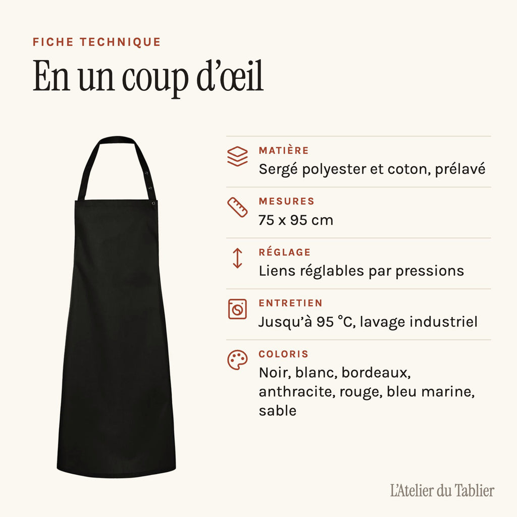 Tablier de restaurant à bavette, en sergé prélavé, fiche technique