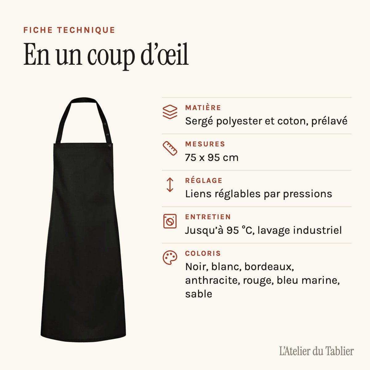 Tablier de restaurant à bavette, en sergé prélavé, fiche technique