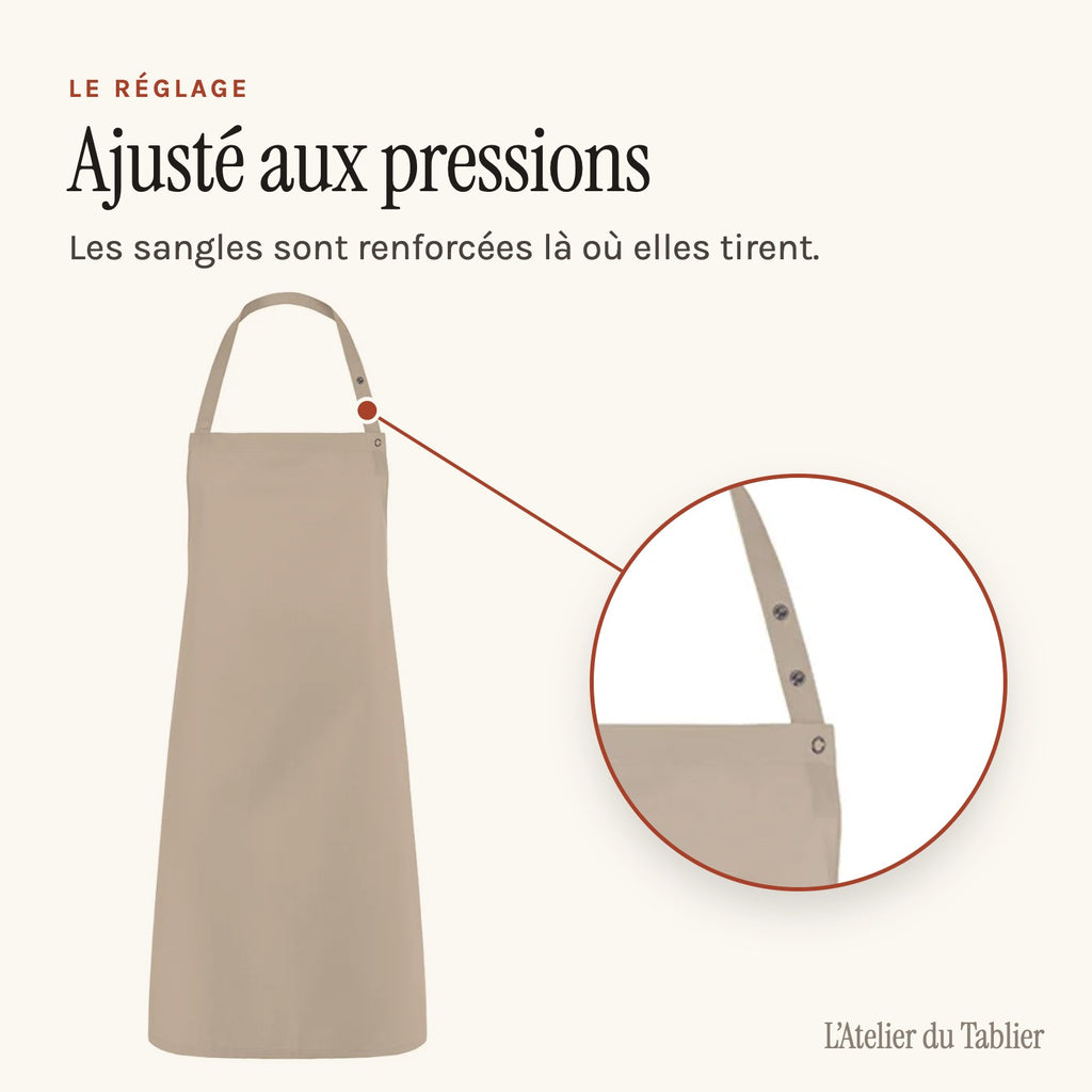 Tablier de restaurant à bavette, en sergé prélavé, réglage par boutons-pression