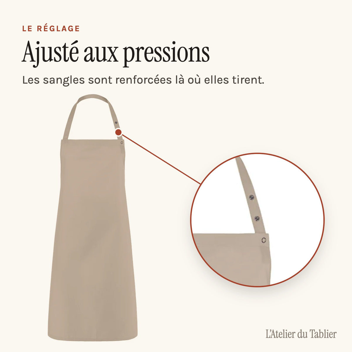 Tablier de restaurant à bavette, en sergé prélavé, réglage par boutons-pression