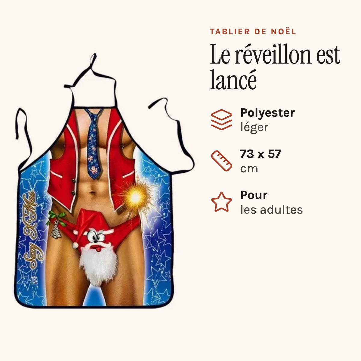 Tablier rigolo de Noël, imprimé Père Noël humoristique