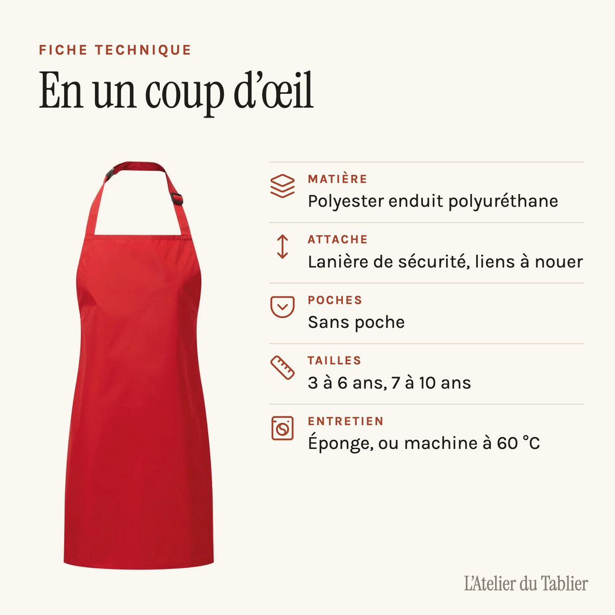 Tablier rouge pour la maternelle, fiche technique