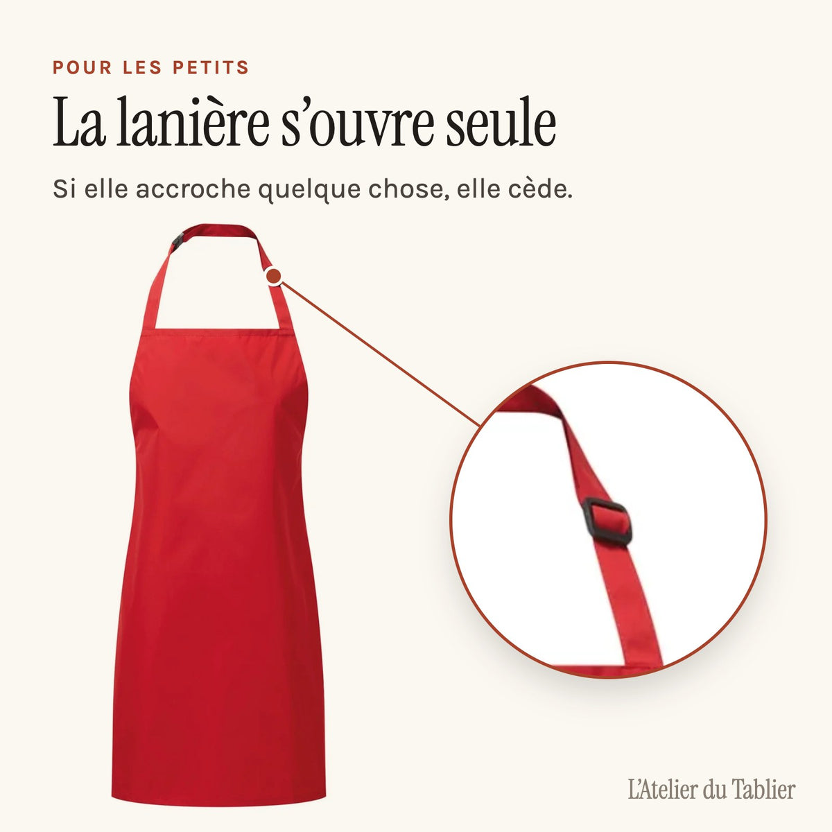Tablier rouge pour la maternelle, lanière de cou à ouverture de sécurité