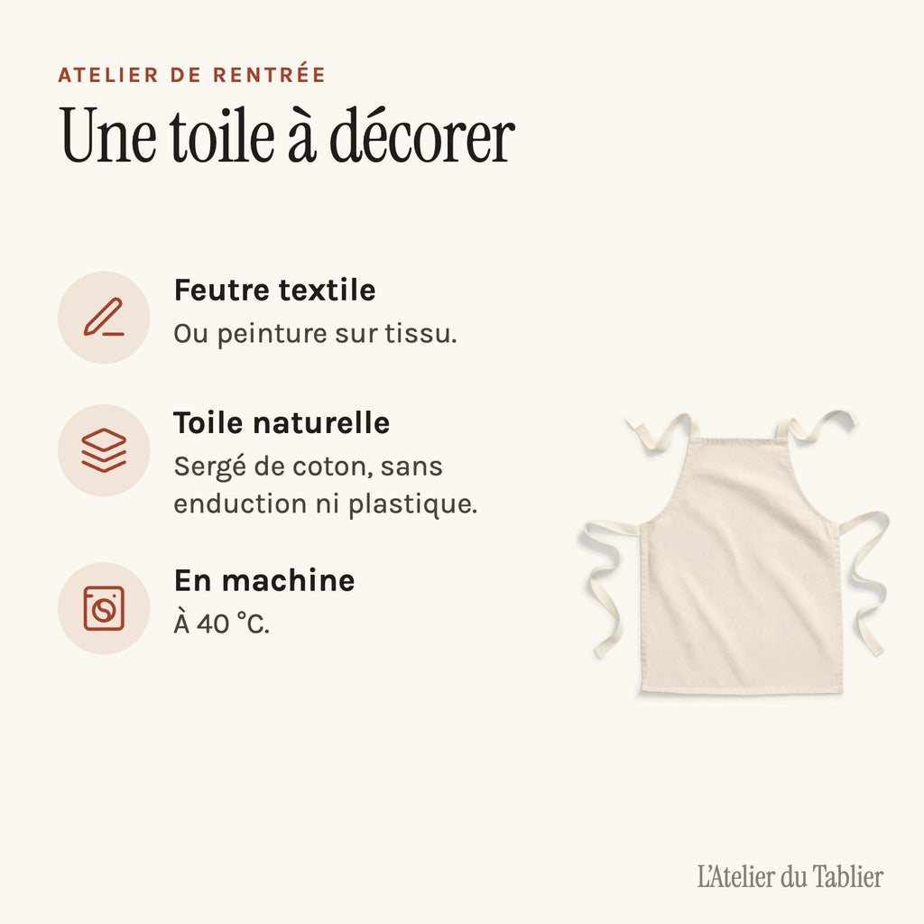 Tablier en tissu pour la maternelle, naturel, à décorer