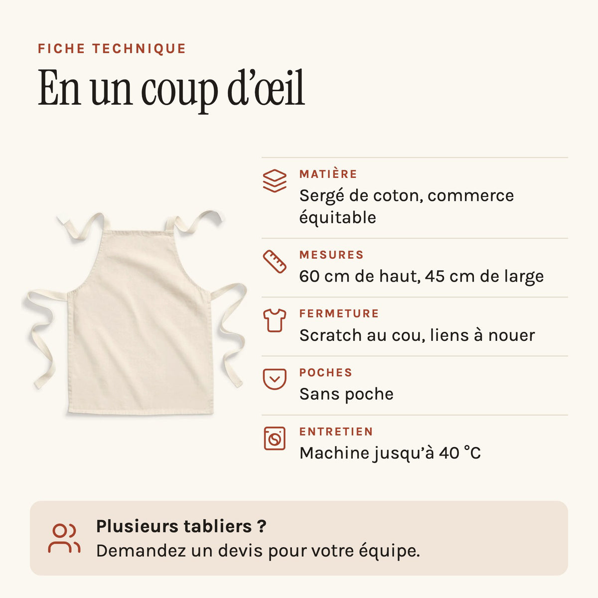 Tablier en tissu pour la maternelle, fiche technique