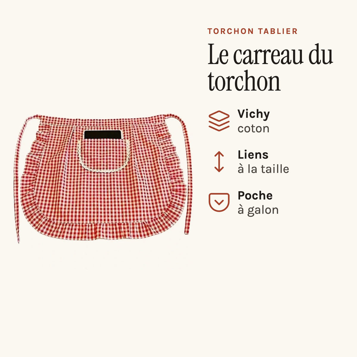 Torchon tablier vichy à volant, à nouer à la taille, vichy rouge, volant froncé