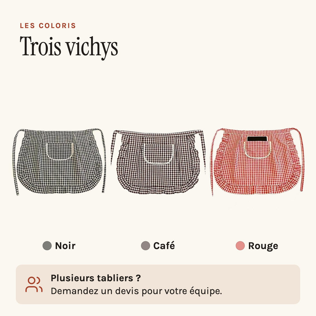 Torchon tablier vichy à volant, à nouer à la taille, les trois coloris